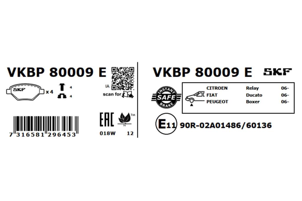 Jeu de 4 plaquettes de frein SKF ref. VKBP 80009 E